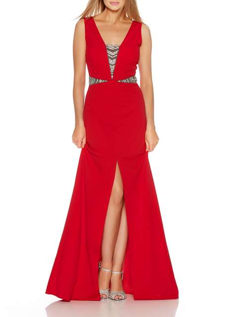 **Quiz Red Embellished Split Maxi Dress